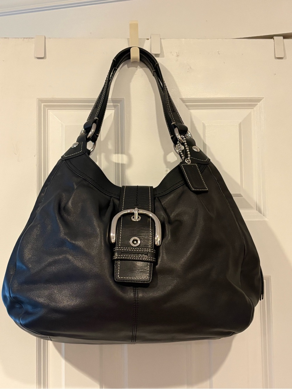 Coach Black Leather Shoulder Bag with Silver Buckle